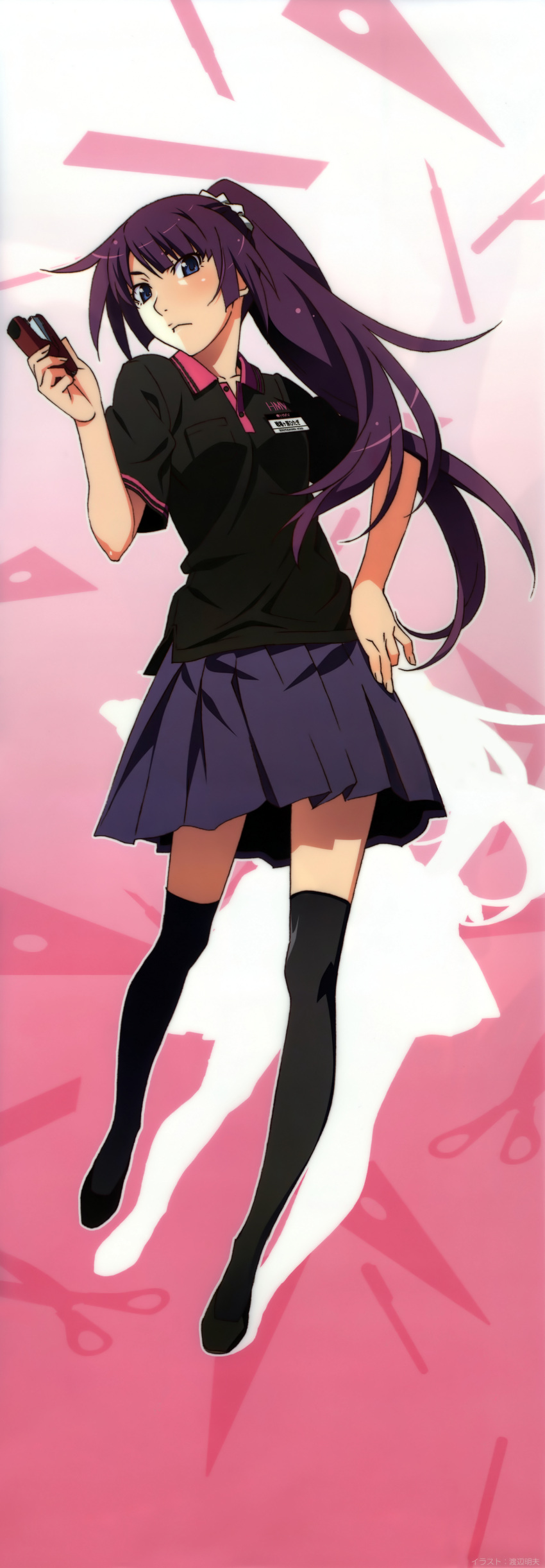 1girl, absurdres, bakemonogatari, black_legwear, blue_eyes, hand_on_hip, highres, hmv