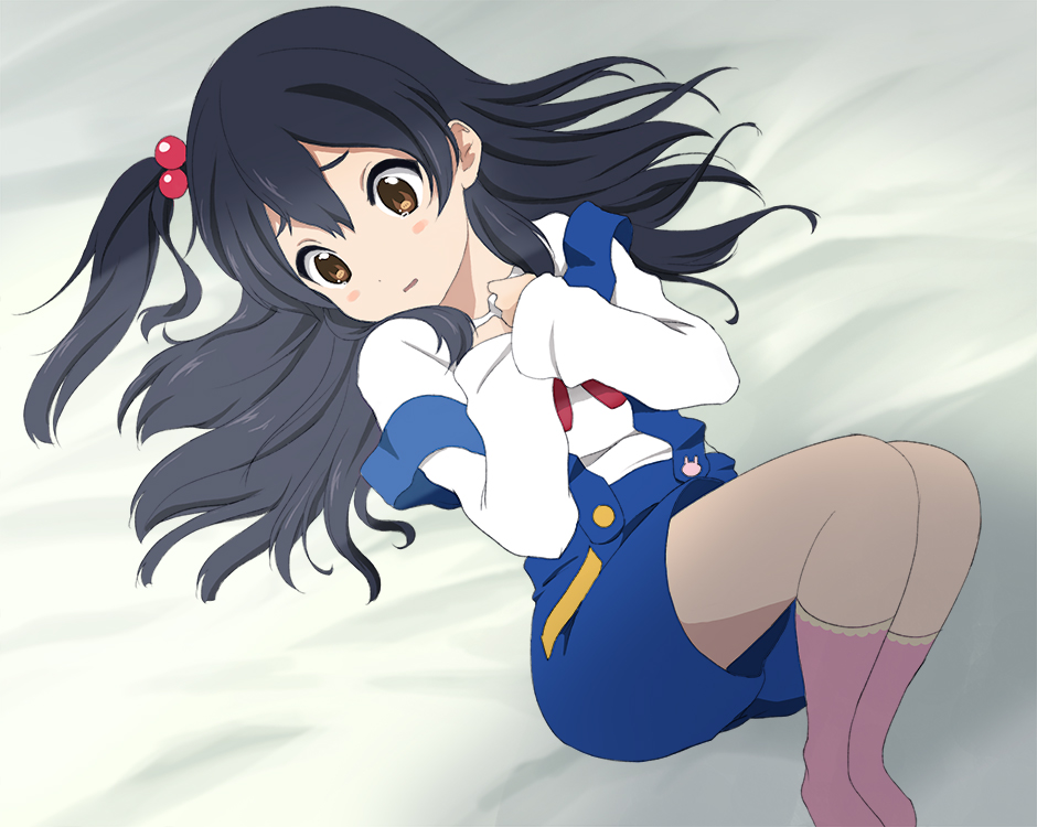 1girl, black_hair, brown_eyes, from_above, fujipo, kitashirakawa_anko, long_hair, lying