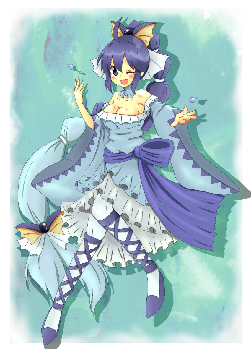1girl, ahoge, animal_ears, bare_shoulders, blue_dress, blue_eyes, blue_hair, breasts, choker, cleavage, detached_sleeves, dress, outstretched_arms, personification, pokemon, ponytail, solo, tanikake_yoku, vaporeon, wide_sleeves, wink