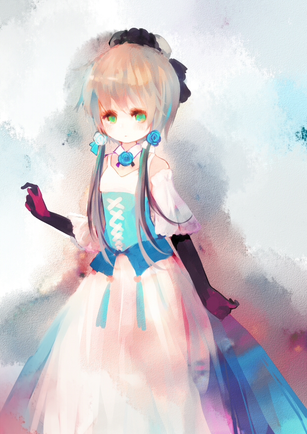 1girl, aki_(wishtakeme), brown_hair, dress, elbow_gloves, flower, gloves, green_eyes