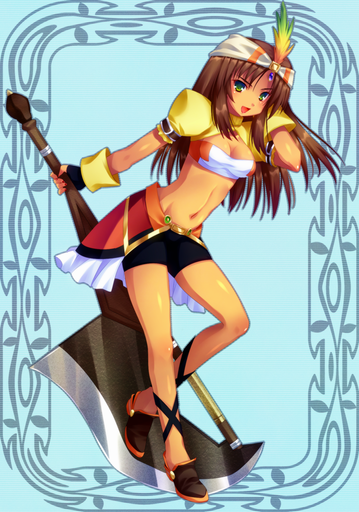 1girl, axe, bad_id, bike_shorts, black_shorts, breasts, brown_hair, cleavage, female, final_fantasy, final_fantasy_ix, full_body, gloves, green_eyes, hand_in_hair, headband, headwear, holding, holding_weapon, lani, long_hair, medium_breasts, midriff, minatosaiga, multicolored, multicolored_clothes, open_mouth, puffy_short_sleeves, puffy_sleeves, shoes, shorts, solo, weapon