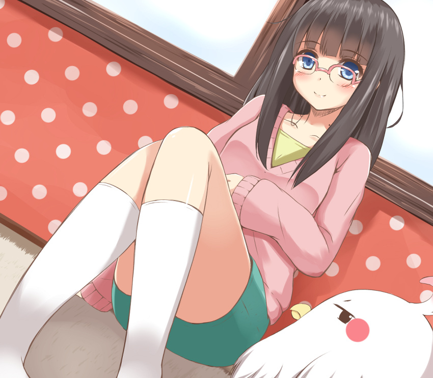 1girl, alternate_hairstyle, bird, black_hair, blue_eyes, chaa_(korone-ze), dera_mochimazzui, glasses