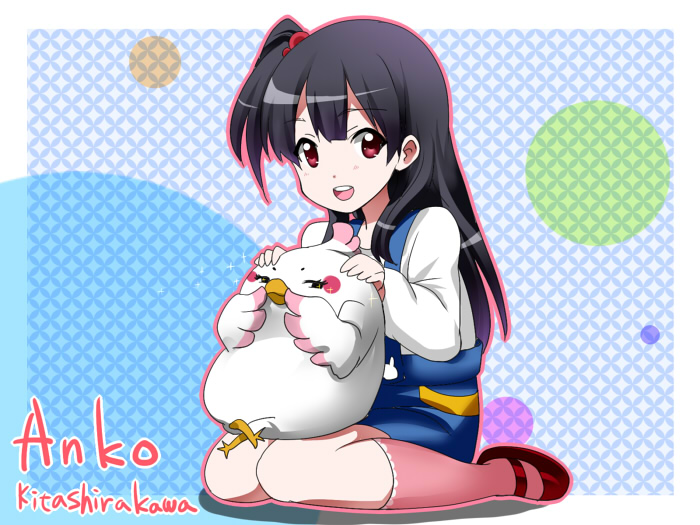 1girl, bird, black_hair, dera_mochimazzui, kitashirakawa_anko, long_hair, red_eyes, side_ponytail