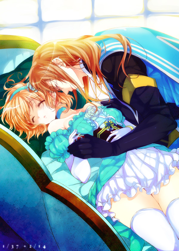 1boy, 1girl, bare_shoulders, bed, blonde_hair, blue_rose, brown_hair, choker