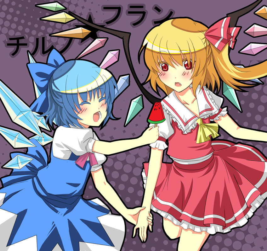 awh, bad_id, blonde_hair, blue_hair, bow, cirno, flandre_scarlet, hair_bow