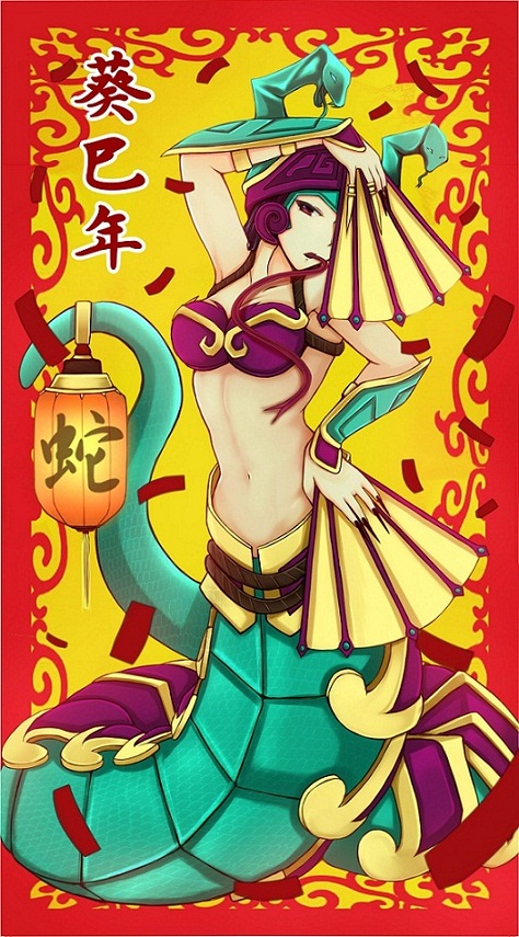 1girl, alternate_costume, alternate_eye_color, armor, bikini_armor, breasts, cassiopeia_du_couteau, fan
