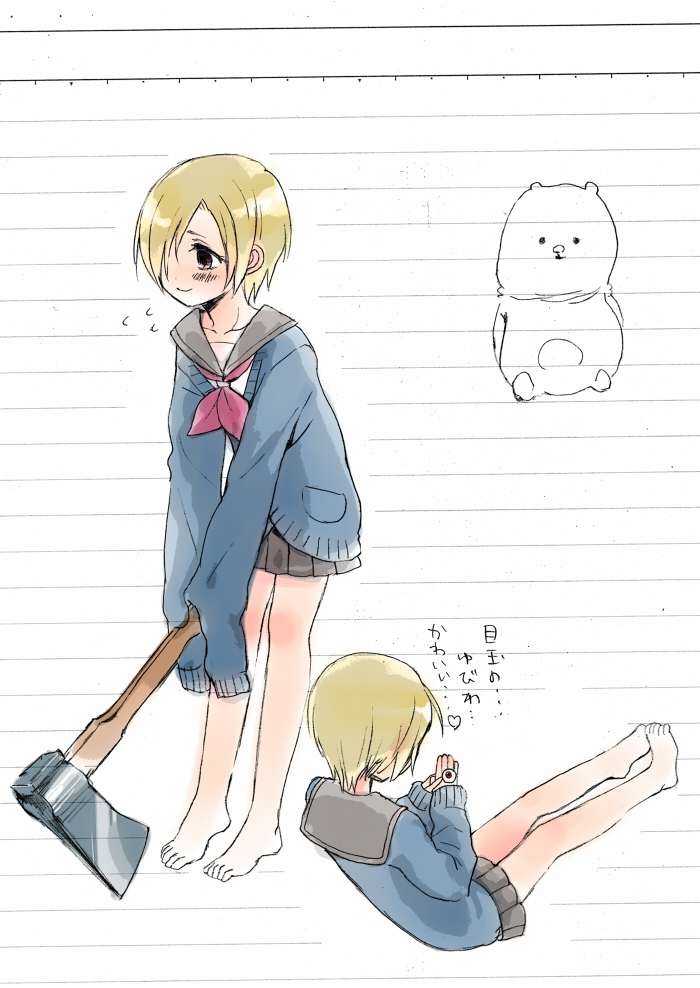 axe, barefoot, blonde_hair, blush, cardigan, eyeball, flying_sweatdrops, hair_over_one_eye