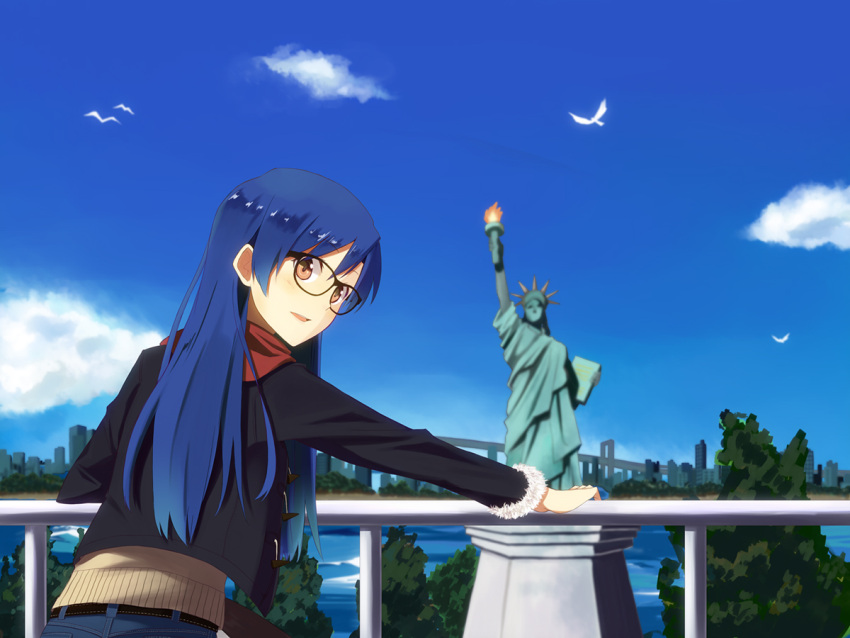 1girl, arm_support, belt, bespectacled, bird, blue_hair, brown_hair, clouds