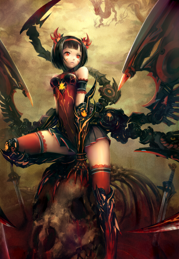 1girl, black_hair, blood, claws, dragon, dragon_girl, dragon_tail, dragon_wings