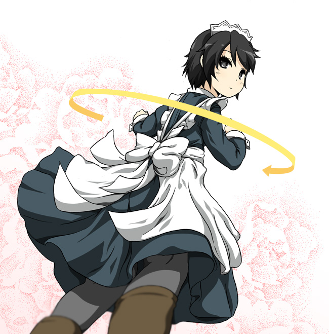 1girl, apron, black_eyes, black_hair, black_legwear, gj-bu, long_sleeves, maid