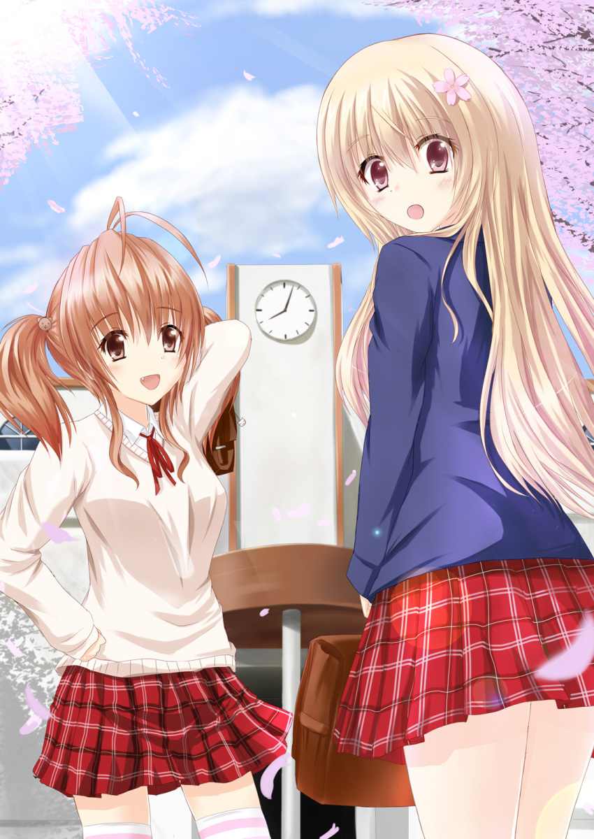 2girls, :d, bag, blonde_hair, brown_eyes, brown_hair, cherry_blossoms, cherry_trees