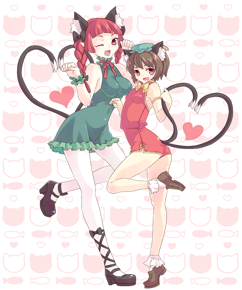 2girls, ;d, animal_ears, ass, bare_legs, blush, bobby_socks, bow