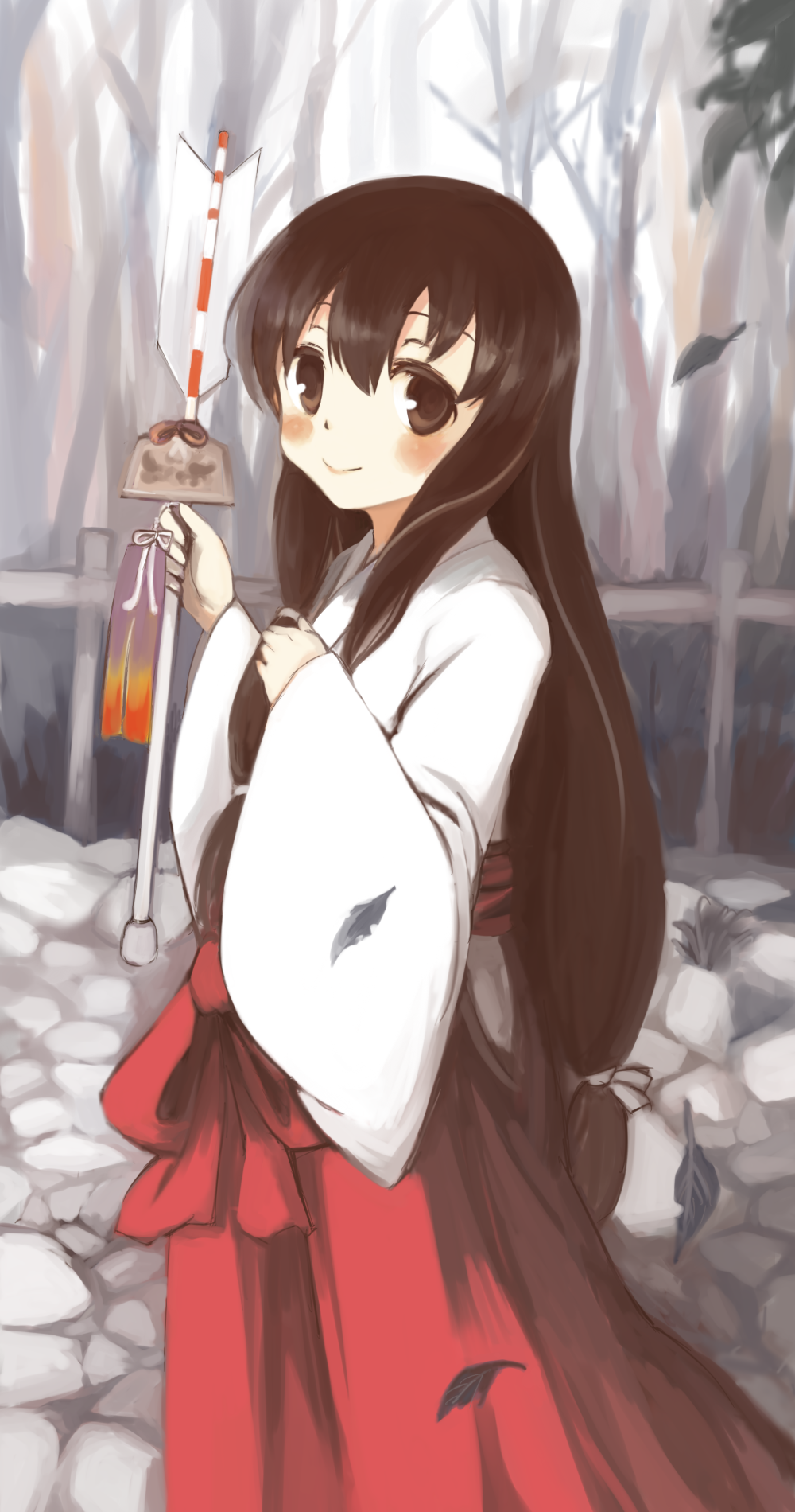 1girl, arrow, blush, brown_hair, hakama, hamaya, highres, iwato_kasumi