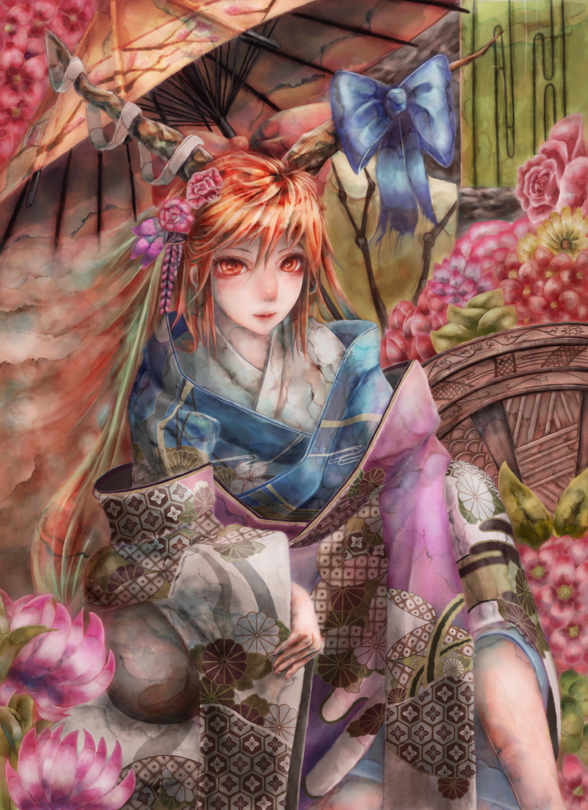 1girl, flower, highres, hogecomhoge, horns, ibuki_suika, japanese_clothes, kimono