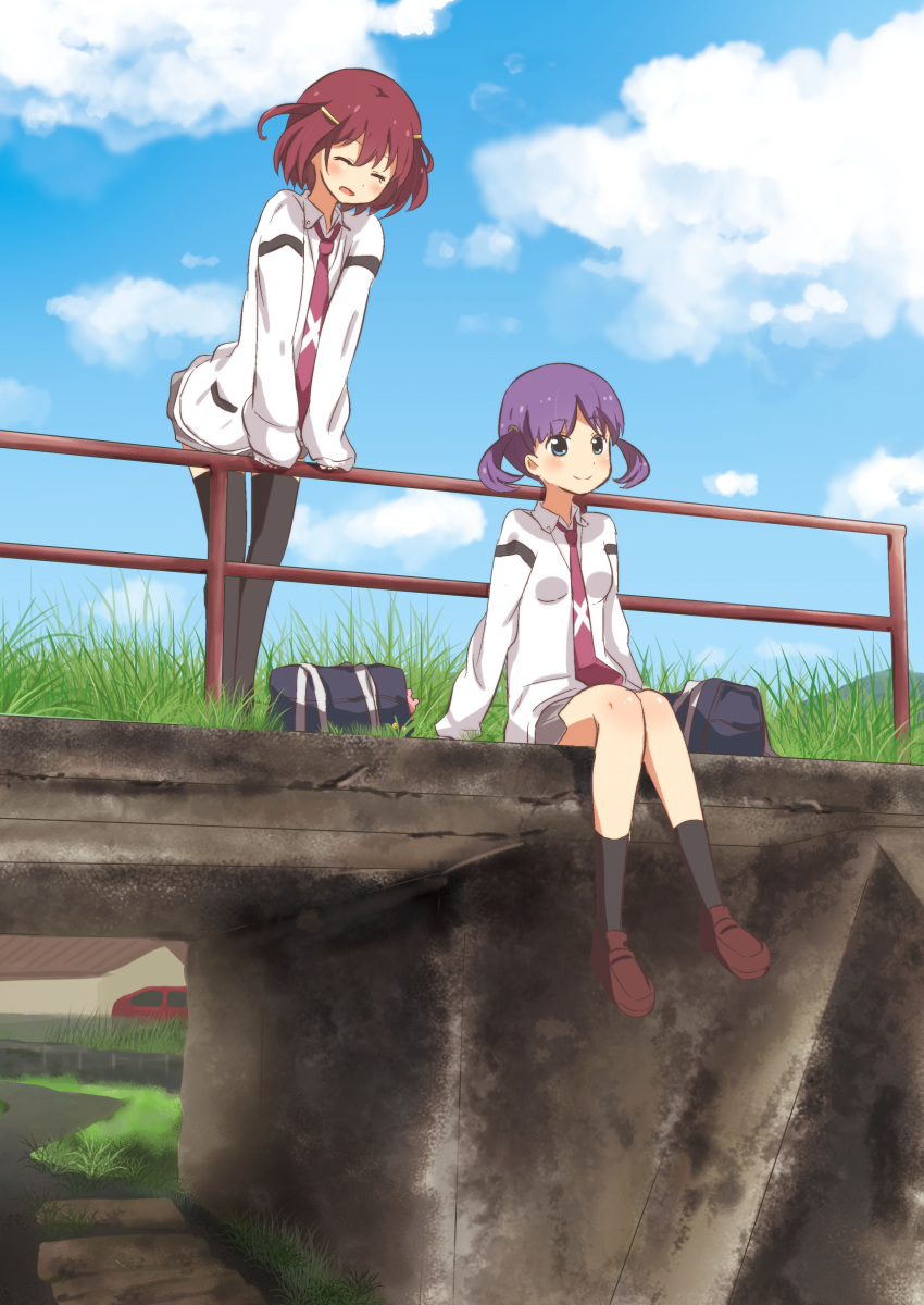 2girls, bag, clouds, grass, hanada_kirame, highres, multiple_girls, necktie