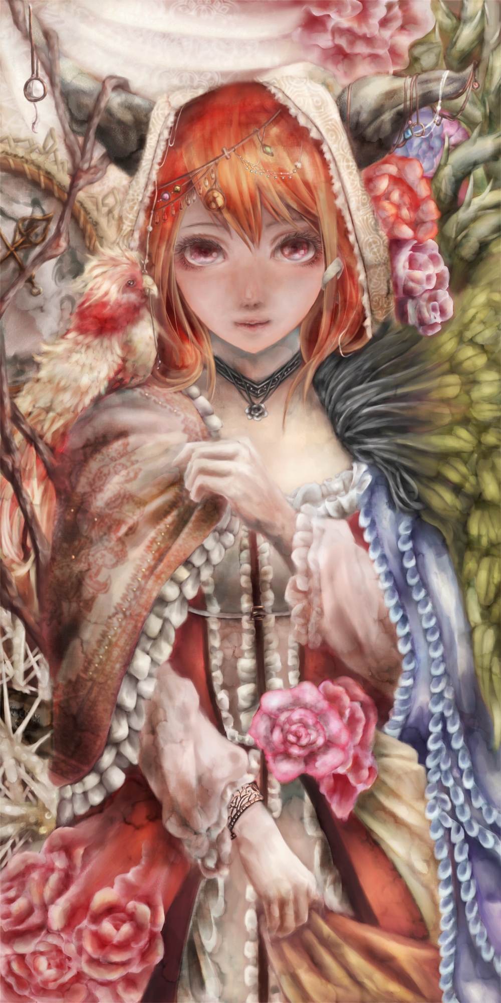 1girl, bird, bracelet, cloth, clothes_grab, eyelashes, flower, frills, highres, hogecomhoge, hood, horns, jewelry, looking_at_viewer, maou_(maoyuu), maoyuu_maou_yuusha, necklace, orange_hair, parrot, red_eyes, rose, solo
