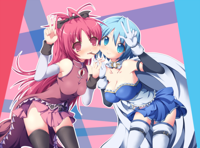 blue_eyes, blue_hair, blush, bow, breasts, cheek-to-cheek, cleavage, detached_sleeves