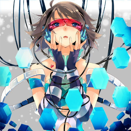 1girl, awakened_miki, blue_eyes, brown_hair, cosmic_&amp;_funny_(idolmaster), expressionless, face, futuristic, headphones, hoshii_miki, hoshii_miki_(awakened), idolmaster, lowres, science_fiction, short_hair, solo, sunglasses, taira_tsukune