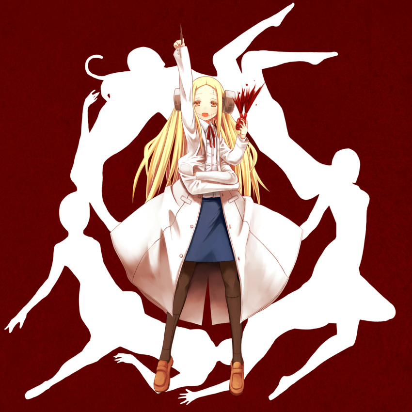 1girl, arm_up, blonde_hair, blood, bolt, crossed_arms, extra_arms, franken_fran, heart, highres, icemissile, labcoat, long_hair, madaraki_fran, pantyhose, pointing, scalpel, solo, stitches, yellow_eyes