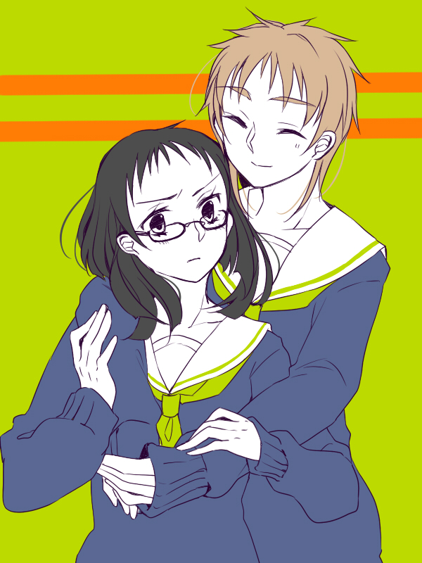 1girl, 2girls, black_hair, brown_hair, genderswap, glasses, hyuuga_junpei, kiyoshi_teppei
