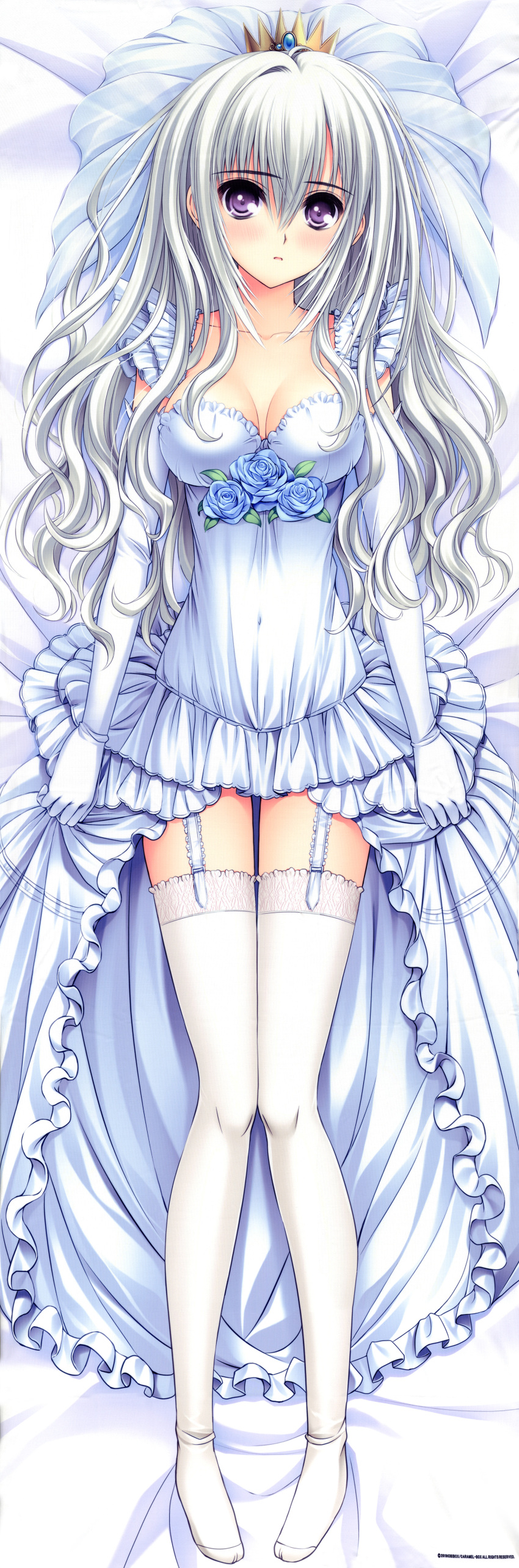 1girl, absurdres, blue_rose, breasts, bridal_gauntlets, bridal_veil, cleavage, collarbone