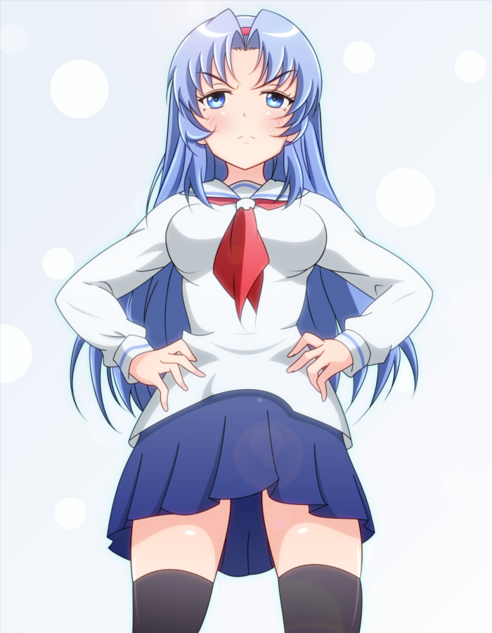 1girl, black_legwear, blue_eyes, blue_hair, blush, hairband, kotoura-san, long_hair