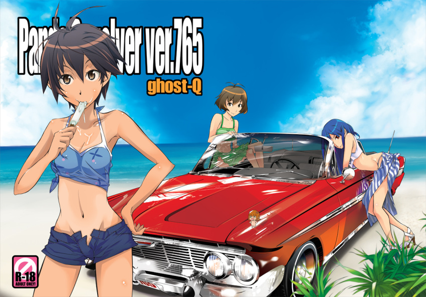 antenna_hair, beach, blue_hair, brown_hair, car, chevrolet, chevrolet_impala, crop_top