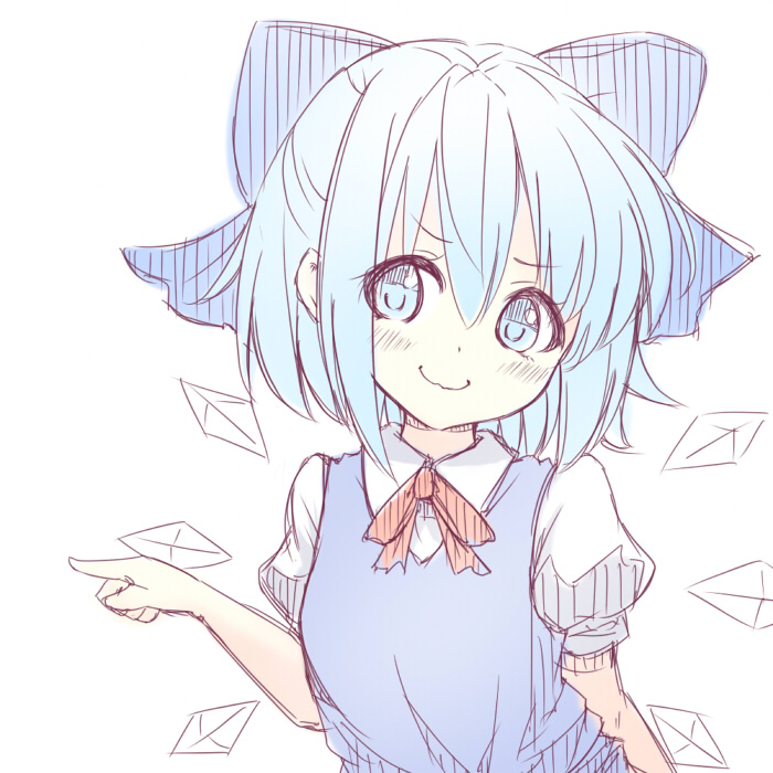 1girl, blue_eyes, blue_hair, bow, bust, cirno, hair_bow, short_hair