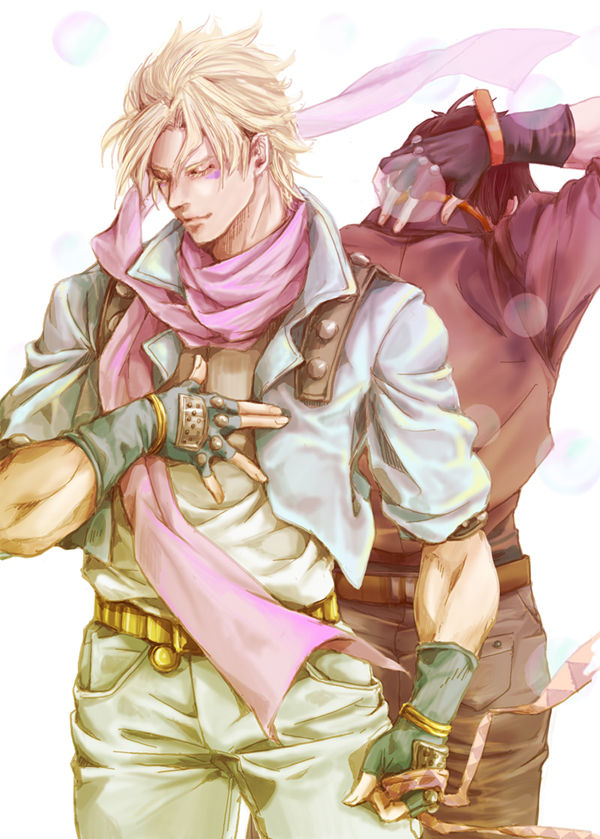 2boys, blonde_hair, blue_jacket, bubble, caesar_anthonio_zeppeli, facial_mark, feathers, fingerless_gloves