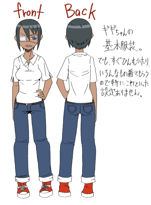 1girl, black_hair, blue_eyes, breasts, character_sheet, dark_skin, eyepatch, gigi-chan_(bareisyo)