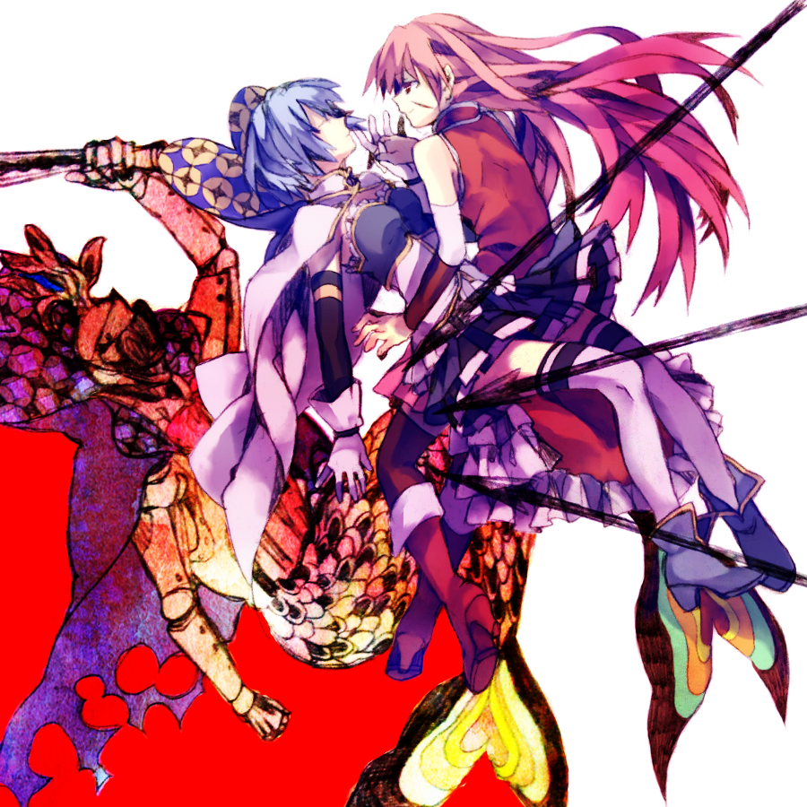 2girls, blue_eyes, blue_hair, boots, cape, gloves, hair_down, kugifumi_rinne