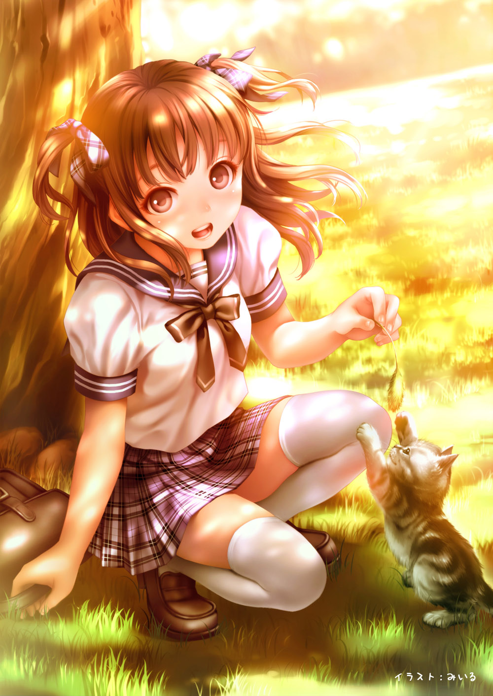 1girl, bag, brown_eyes, brown_hair, cat, happy, highres, long_hair
