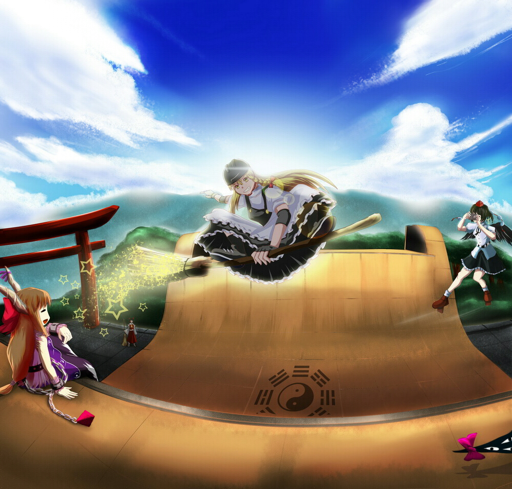 4girls, alternate_headwear, black_hair, blonde_hair, braid, broom, broom_riding, camera
