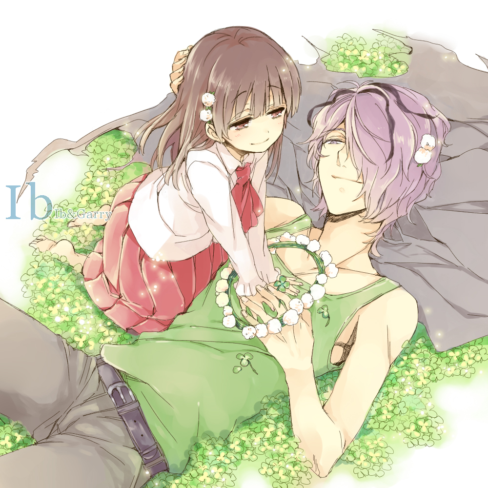 1boy, 1girl, ascot, bad_id, bare_shoulders, barefoot, blue_eyes, brown_eyes