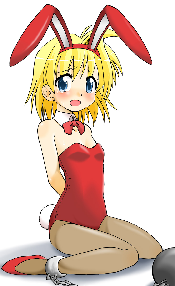 arms_behind_back, bare_shoulders, blonde_hair, blue_eyes, blush, bowtie, bunny_ears, bunny_tail