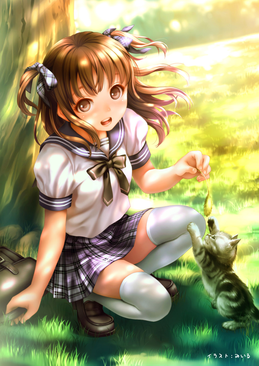 1girl, bag, brown_eyes, brown_hair, cat, happy, highres, long_hair