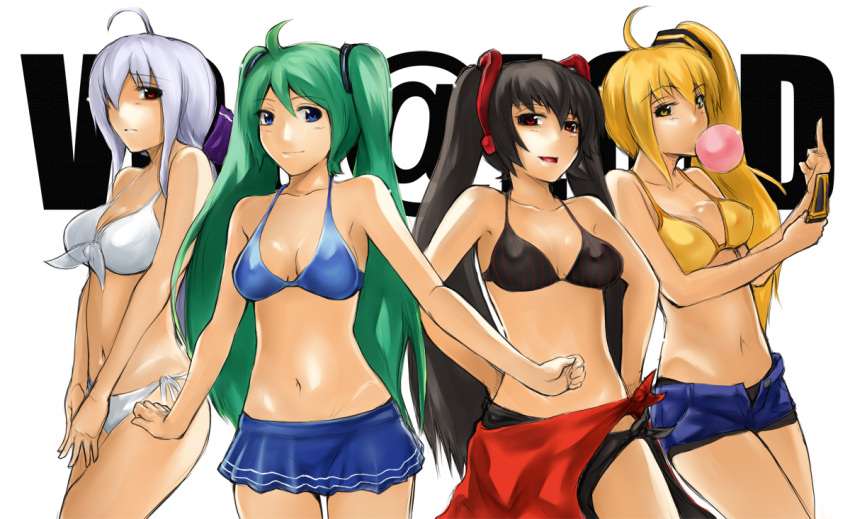 4girls, ahoge, akita_neru, bikini, black_hair, blonde_hair, blue_eyes, cellphone