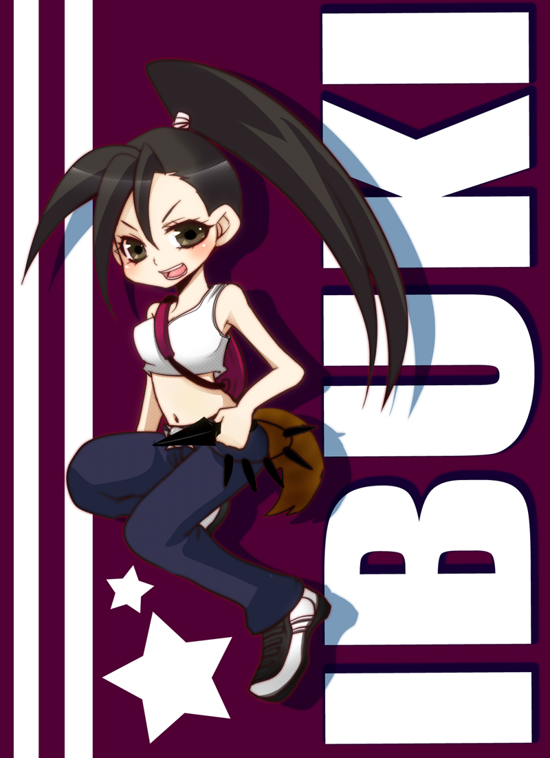 1girl, alternate_costume, bag, black_hair, brown_eyes, casual, crop_top, ibuki, kunai, long_hair, midriff, ponytail, siro_(hue_white), solo, strap_cleavage, street_fighter, street_fighter_iii, street_fighter_iv, super_street_fighter_iv, weapon