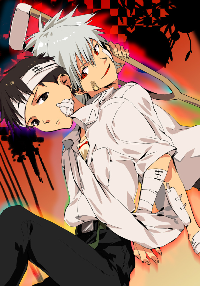 back-to-back, back_to_back, bandage, bandages, bandaid, black_hair, blue_eyes, crutch, crutches, hosaka_dx, ikari_shinji, injury, male, multiple_boys, nagisa_kaworu, neon_genesis_evangelion, red_eyes, silver_hair