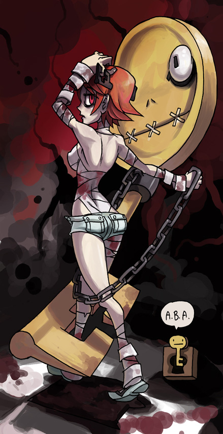 1girl, a.b.a, alex_ahad, back, bags_under_eyes, bandages, breasts, guilty_gear