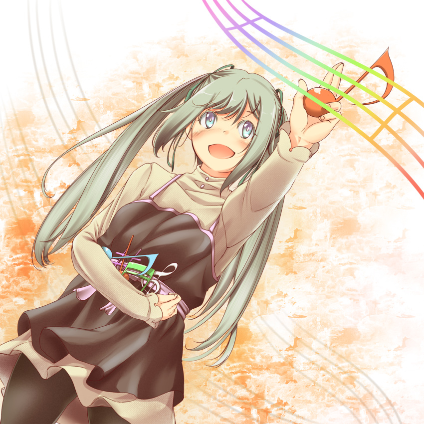1girl, aqua_eyes, arm_up, dress, green_hair, hatsune_miku, highres, long_hair, musical_note, open_mouth, pantyhose, solo, til_(tilpim), twintails, vocaloid
