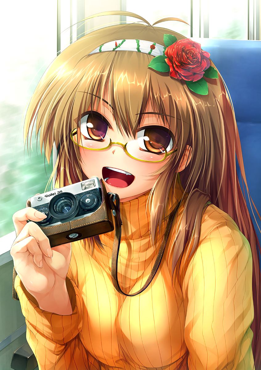 1girl, :d, ahoge, brown_hair, camera, flower, glasses, hair_flower, hair_ornament, hairband, happy, highres, kanno_kengo, long_hair, open_mouth, original, smile, solo, sweater, thorns, turtleneck