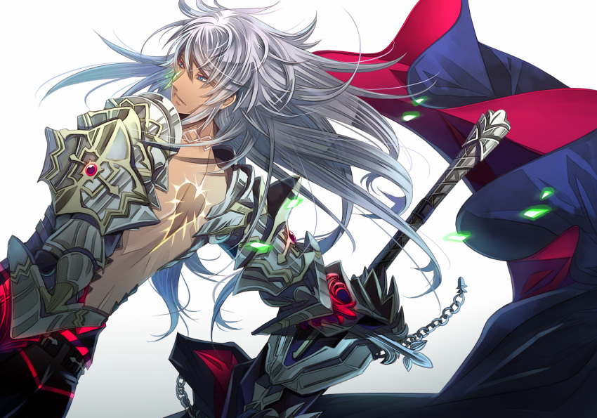 1boy, armor, back, balmung_(fate/apocrypha), bare_back, blue_eyes, blue_hair, cape, fate/apocrypha, fate_(series), gauntlets, highres, kariya077, long_hair, male, saber_of_black, solo, sword, tattoo, weapon