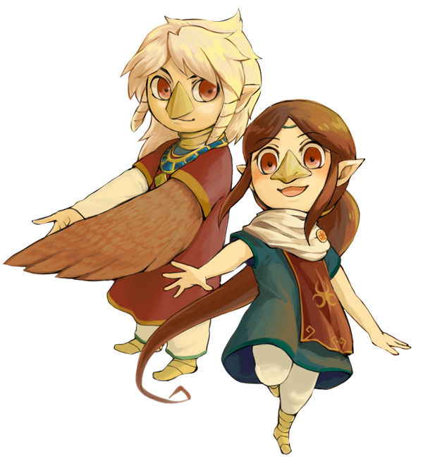beak, brown_hair, komali, long_hair, medli, nintendo, pointy_ears, red_eyes