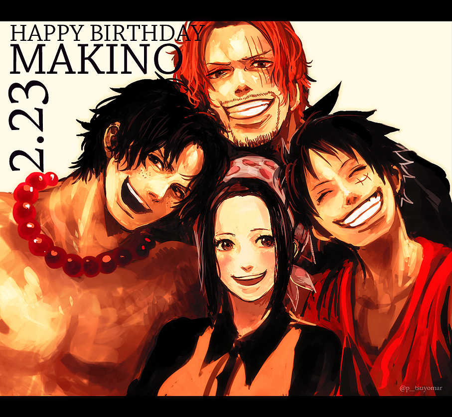 1girl, 3boys, bandana, black_hair, closed_eyes, facial_hair, freckles, grin