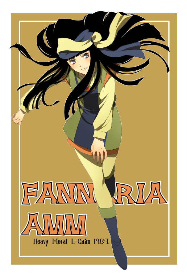 1girl, 80s, black_hair, boots, character_name, dated, fanneria_amu, heavy_metal_l-gaim