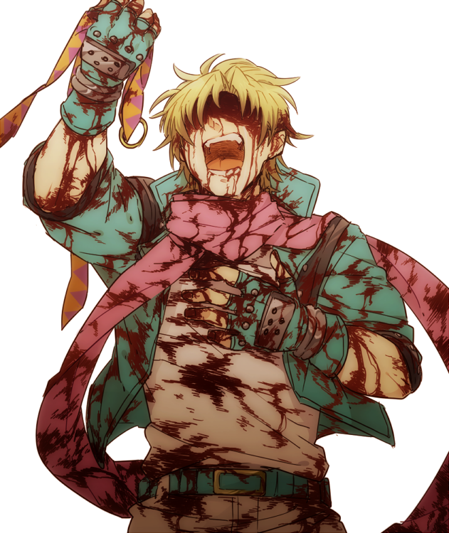 1boy, blonde_hair, blood, caesar_anthonio_zeppeli, fingerless_gloves, gloves, injury, jacket, jojo_no_kimyou_na_bouken, male, scarf, solo, spoilers, suzuki_(gmbk)