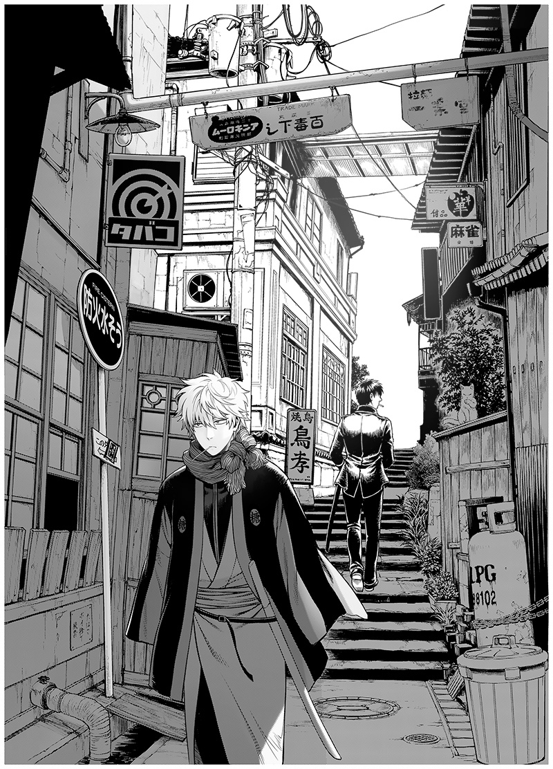 2boys, city, gintama, greyscale, hijikata_toushirou, japanese_clothes, kimono, monochrome