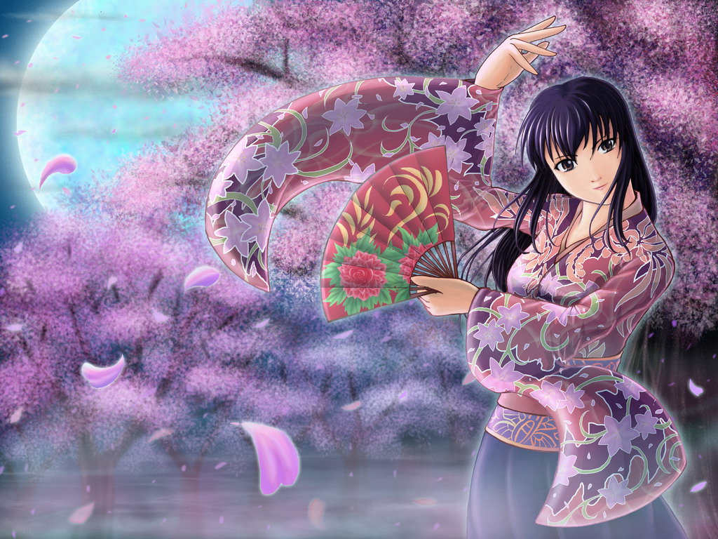 1girl, black_hair, brown_hair, cherry_blossoms, fan, floral_print, full_moon, japanese_clothes, kimono, long_hair, moon, petals, serio555, solo, umenokouji_aoi, virtua_fighter, wide_sleeves