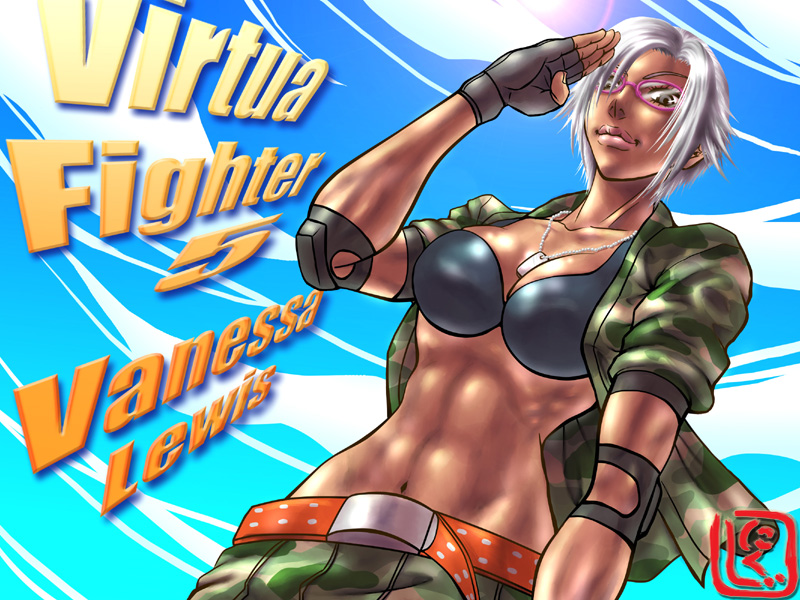 1girl, abs, alternate_hair_length, alternate_hairstyle, belt, bespectacled, between_breasts, breasts, camouflage, character_name, dark_skin, dog_tags, elbow_pads, fingerless_gloves, glasses, gloves, grey_eyes, large_breasts, lips, muscle, nikuji-kun, open_clothes, open_jacket, salute, short_hair, silver_hair, sleeves_rolled_up, slender_waist, solo, title_drop, toned, vanessa_lewis, virtua_fighter, virtua_fighter_5